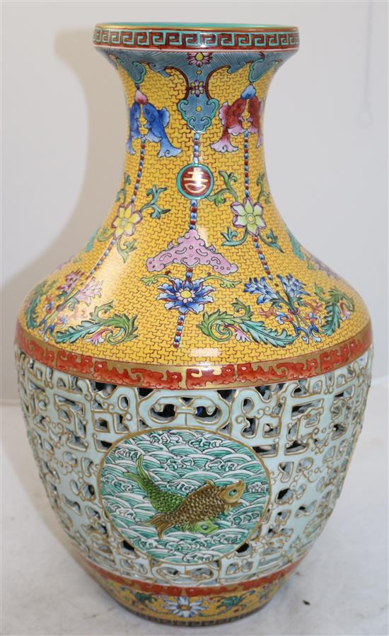 A Chinese yellow ground double-walled reticulated vase, modern, 42cm